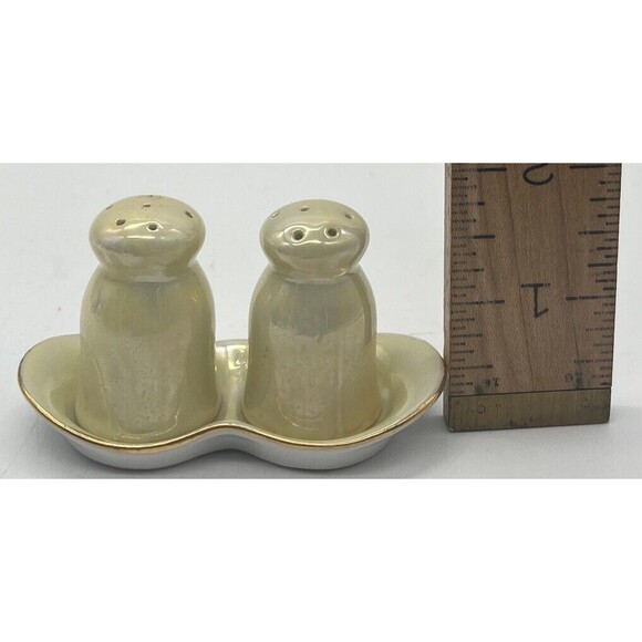 Mini Salt & Pepper Shaker Set With Tray Germany Lusterware Yellow Cute - Picture 5 of 5